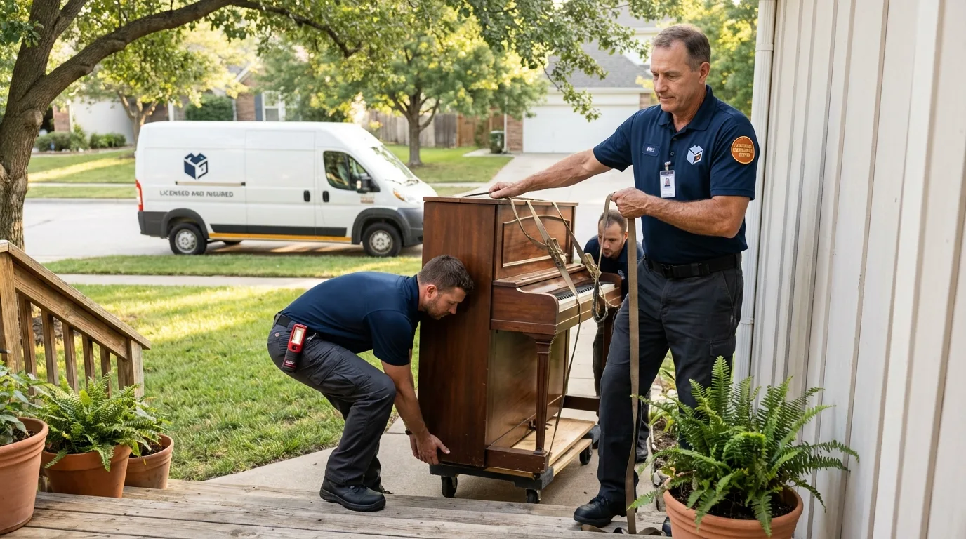 Licensed piano movers securing grand piano in Stratford, OK