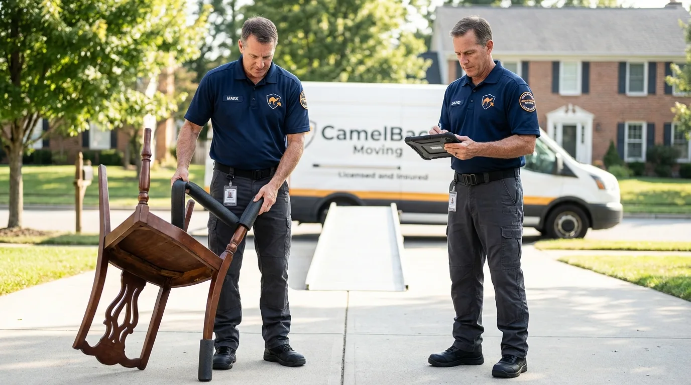 Movers inspecting furniture for damage prevention before loading in Stratford, OK