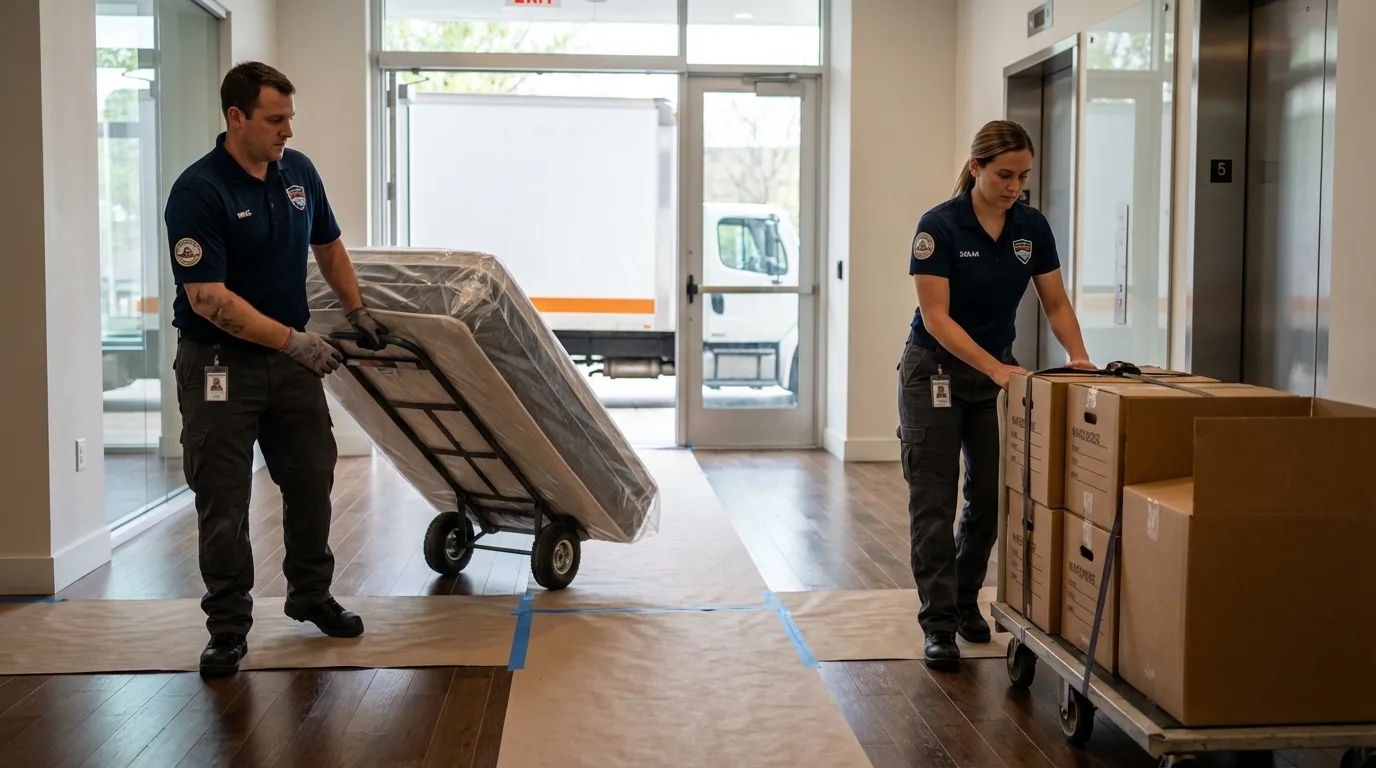 Professional apartment movers loading elevator in Stratford, OK