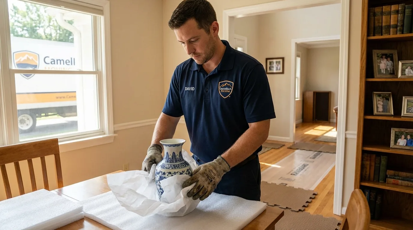 Professional crew carefully wrapping antique vase for senior downsizing move in Stratford, OK